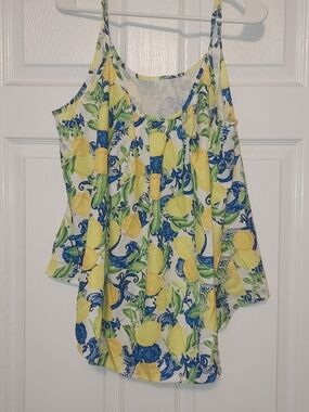 SHEIN Yellow Lemon & Blue Scroll Cold-Shoulder Cami